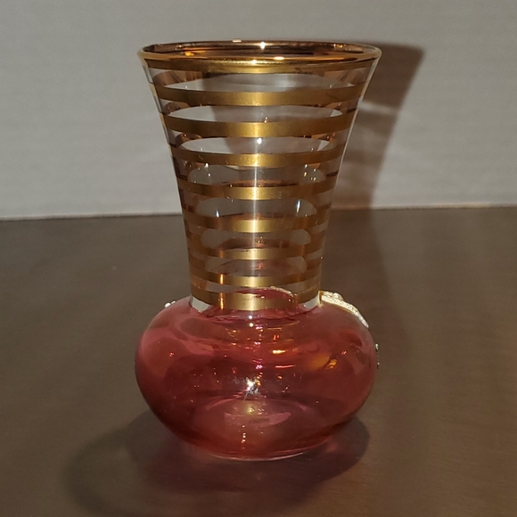 Vintage Glass Cranberry and Gold Mini Bud Vase with Applied Floral Pattern MCM - Picture 3 of 11
